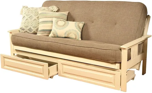Vista 38 de Maykoosh Marco de futón completo de refinamiento rústico con cajones de almacenamiento, blanco antiguo/bronceado, madera dura clásica con brazos