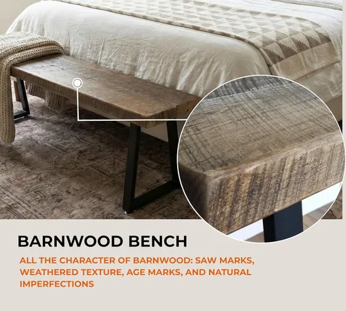 Vista 6 de Banco rústico de madera de granero recuperada, madera maciza con base de metal, estilo moderno de granja, parte superior de 2 pulgadas de grosor