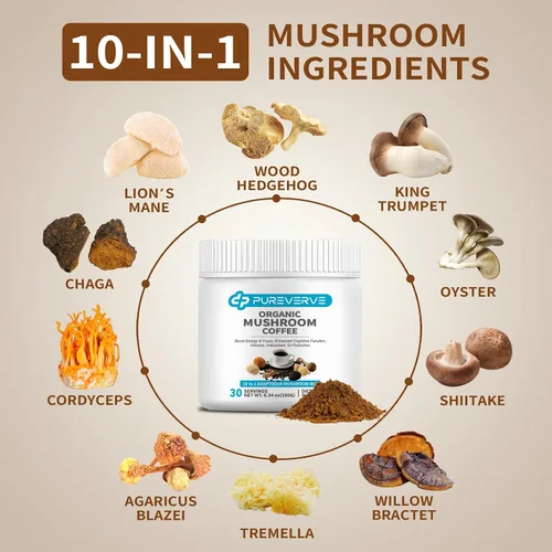 Vista 2 de Café de hongos, mezcla de polvo de extracto de hongos orgánico 10 melena de león, reishi, chaga, cordyceps, cola de pavo 30 porciones