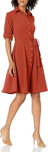 Vista 10 de Sharagano Vestido camisero plisado para mujer, manga 3/4, cuello en V, botones dorados Acacia
