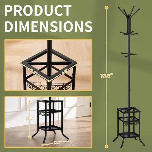Vista 6 de Yoobure Perchero Independiente - Árbol de Abrigos con Soporte para Paraguas, Perchero de Metal con 12 Ganchos, Soporte Moderno para Colgar Abrigos