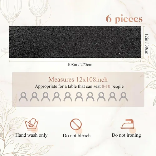 Vista 4 de Newwiee 54 cintas de lentejuelas negras para sillas y caminos de mesa, 48 lazos de lentejuelas para silla, 6 caminos de mesa con purpurina
