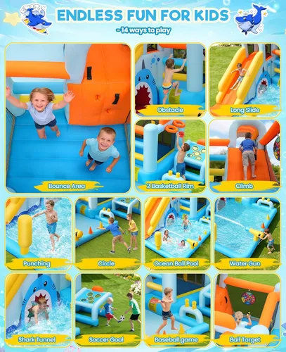 Vista 4 de Toboganes acuáticos inflables 24 en 1 con diseño de cueva de tiburón de unicornio, casa de rebote para patio trasero de niños con soplador, piscina