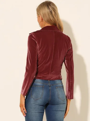 Vista 5 de Allegra K Chaqueta corta de terciopelo con cuello de solapa y cremallera para mujer Coffee