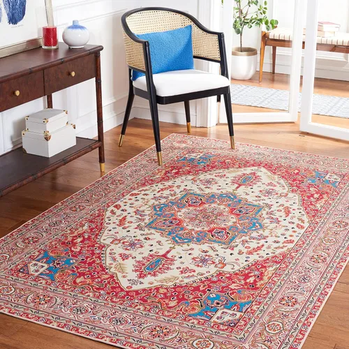 Vista 11 de SAFAVIEH Tucson Collection - Alfombra lavable de 2 pies 6 pies x 6 pies, color beige y al óxido, antideslizante y fácil de limpiar, ideal