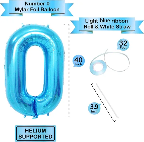 Vista 3 de Globo azul con el número 0, 40 pulgadas, Mylar premium, reutilizable, para decoración de fiesta de cumpleaños
