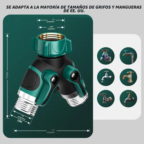 Vista 5 de Divisor de manguera de jardín de 2 vías con válvula de cierre, divisor de espiga de agua para conector de manguera de 3/4 pulgadas, divisor de grifo