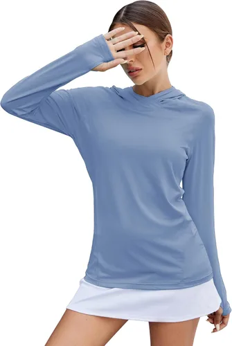 Vista 9 de LUYAA - Sudaderas con capucha para mujer, protección solar UPF 50+, transpirables, elásticas, para senderismo, manga larga, para correr Beige