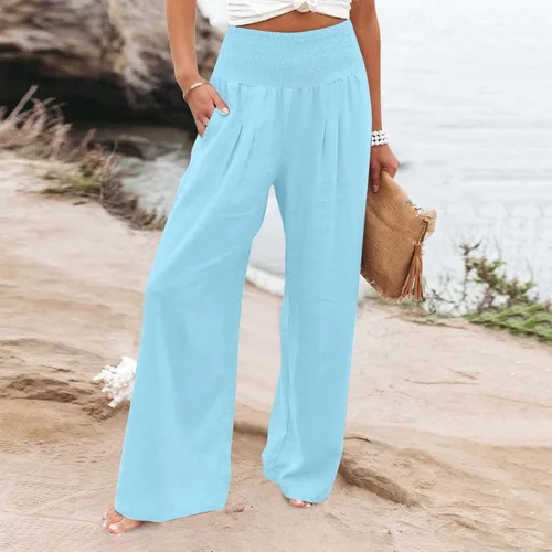 Vista 2 de SHAOBGE Pantalones palazzo de verano para mujer, cintura alta, pierna ancha, casual, cintura elástica, pantalones de playa con bolsillos