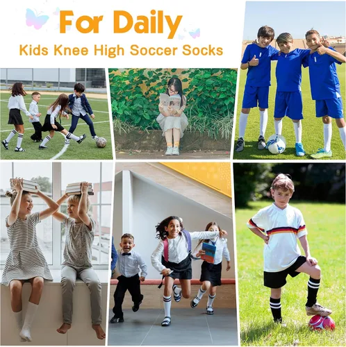 Vista 6 de American Trend Calcetines de fútbol para niños pequeños, calcetines largos hasta la rodilla, calcetines largos de tres rayas, calcetines uniformes