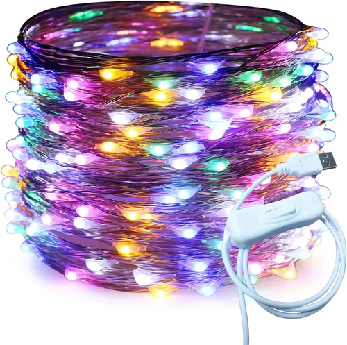 Vista 18 de RUICHEN Cable plateado de 33 pies con 100 luces LED USB con interruptor de encendido/apagado (blanco cálido)