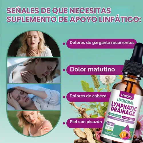 Vista 4 de Gotas de drenaje linfático liposomal, suplementos de drenaje linfático 9 en 1 para desintoxicación y limpieza, con equinácea, diente de león, saúco