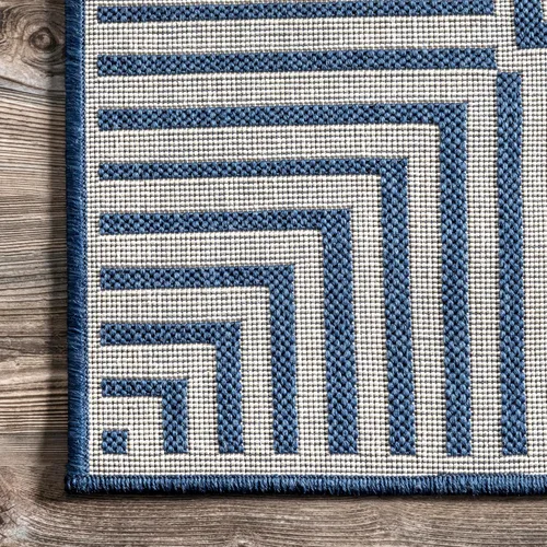 Vista 4 de nuLOOM Tapete de área para exteriores, diseño informal con borde a rayas, resistente a las manchas, altamente duradero, para patio, balcón, Azul