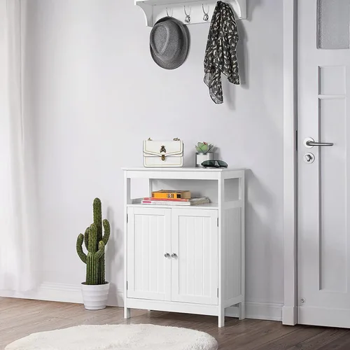 Vista 8 de Topeakmart Gabinete de almacenamiento para baño, organizador de gabinetes de madera independientes con estante ajustable y puertas dobles