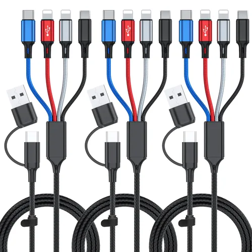 Vista 8 de Cable de carga múltiple 6 en 1, paquete de 2 cables USB de 6 pies, cable de carga 3A, cable de carga USB universal A/C trenzado con 2 puertos