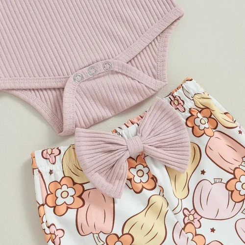 Vista 5 de Ropa de Halloween para bebé recién nacida, manga larga, mameluco, pantalones de campana, diadema, trajes de otoño para bebé