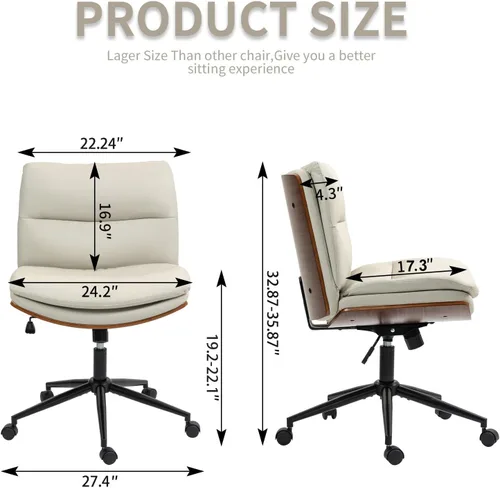 Vista 2 de Silla de oficina moderna sin brazos de nogal con ruedas, silla ejecutiva de cuero PU ajustable de giro amplio, silla de computadora ergonómica