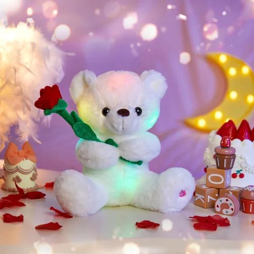 Vista 6 de Houwsbaby Oso de peluche brillante con oso blanco y rosa, juguete de peluche suave con luces LED de noche, cumpleaños, Navidad, para niños pequeños