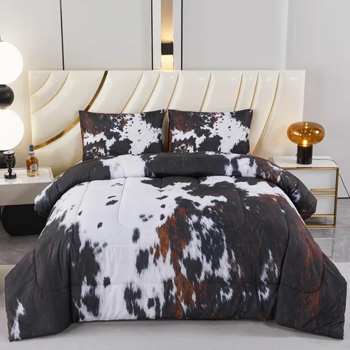 Vista 9 de PERFEMET Juego de ropa de cama con estampado de vaca marrón y beige, juego de edredón de 3 piezas de piel de vaca de dibujos animados para niños