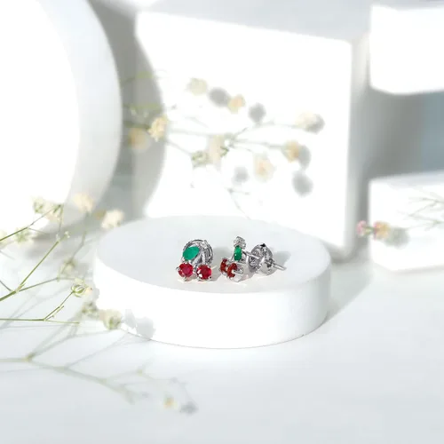 Vista 12 de Aretes de cereza esmeralda y rubí natural para mujer, calidad AAA certificada, aretes de tuerca de cereza roja