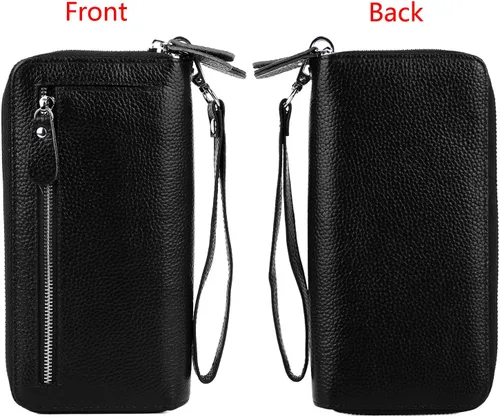 Vista 5 de YALUXE Cartera de cuero con cremallera doble para mujer, cartera para teléfono celular, tarjetero, bloqueo RFID, Negro 2.0