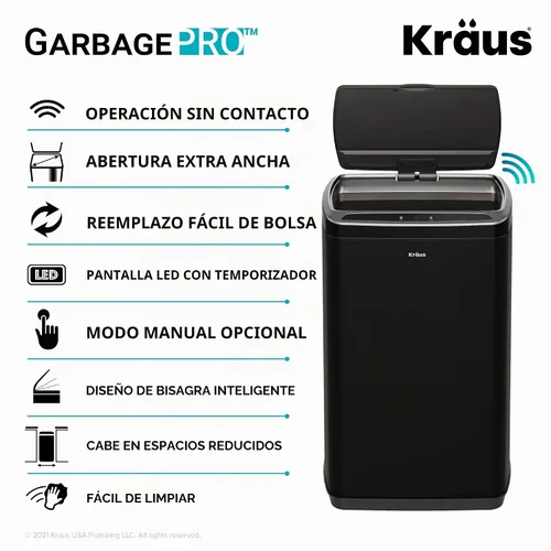 Vista 15 de Kraus GarbagePro Bote de basura rectangular de 13 galones manos libres con sensor de movimiento operado por batería en acabado negro mate con tapa
