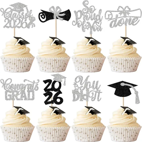 Vista 16 de Rsstarxi Paquete de 40 decoraciones para cupcakes Class of 2025 Congrats Grad 2025 Grad Cap Diploma Cupcake Picks Decoraciones para So Proud of You