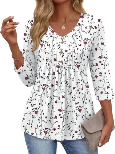 Vista 2 de Ekouaer Blusas de manga 3/4 para mujer, cuello en V, blusas plisadas casuales Floral blanco
