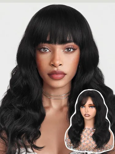Vista 13 de WIGNEE Pelucas onduladas naturales con flequillo, 100% cabello humano brasileño, pelucas onduladas de moda, color negro natural