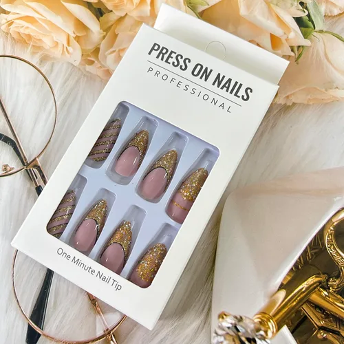 Vista 5 de Uñas postizas acrílicas de almendra a presión con rayas doradas, cobertura completa, ataúd reutilizable, uñas postizas brillantes, uñas adhesivas