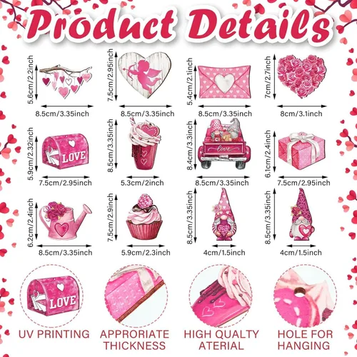 Vista 7 de 24 adornos colgantes rosados de San Valentín – Sobre de corazón para tartas de autos, regalos de rociadores enanos para decoración del día de San