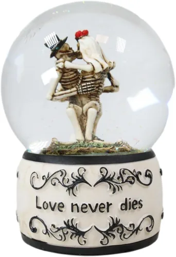 Vista 4 de Ebros Gift Day of the Dead Love Never Dies Bride and Groom - Esqueletos franceses de besos arrodillados por cementerio Globo de agua con purpurina