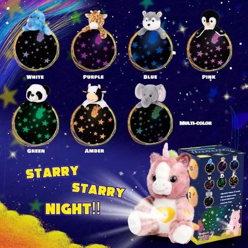 Vista 5 de Proyector de estrellas de unicornio rosa sucio de felpa, luz nocturna musical, ajustable, animales de peluche, juguetes de peluche brillantes