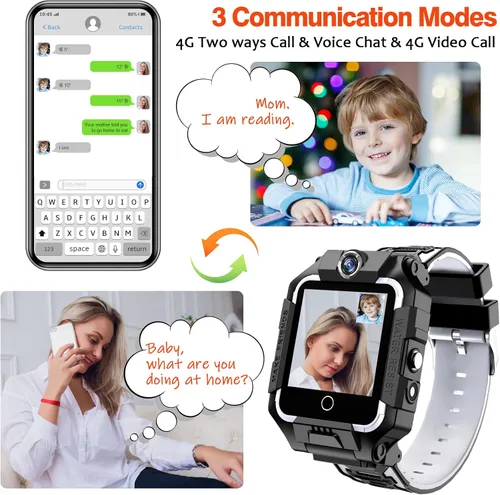 Vista 4 de Reloj 4G para niños, teléfono T10, divertido reloj inteligente con pantalla de rotación de 360°, cámara dual para niños y niñas, IP67, impermeable