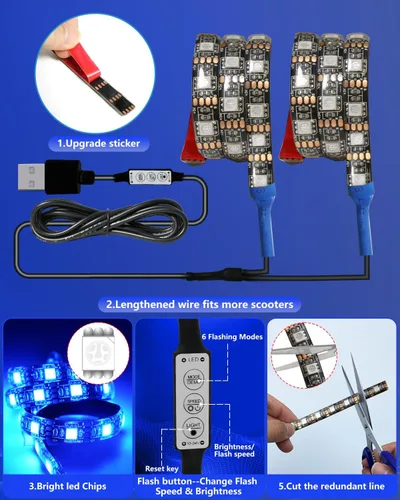 Vista 5 de Keiurot Led Lights for Scooter Night Riding Electric Scooter LED Strip Light Led Light Strips 5V Flashing Mode for Outdoor