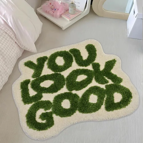 Vista 9 de Alfombra de baño negra con texto en inglés "You Look Good", alfombra de baño divertida, bonita, antideslizante, de microfibra, de felpa, pequeña