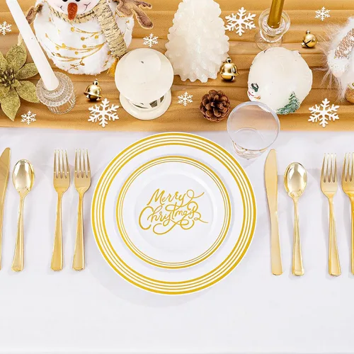 Vista 3 de LIYH 150Pcs Christmas Disposable Plastic Dinnerware Set, White Plates with Gold Line Printed, MERRY CHRISTMAS Pattern, Golden Cutlery, 9oz