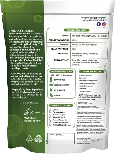 Vista 2 de MRM Polvo orgánico de remolacha roja – Superalimento orgánico de raíz de remolacha roja USDA con antioxidantes y nutrientes, salud cardíaca y apoyo