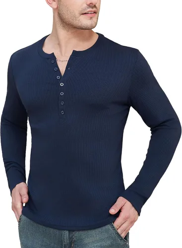 Vista 8 de YTD - Camiseta de manga larga Henley básica ajustada para hombre, estilo casual