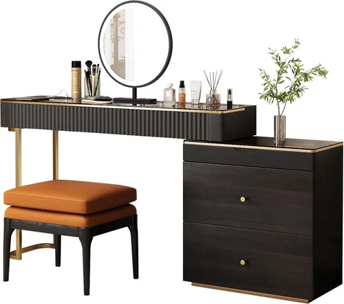Vista 8 de Lartis Tocador de maquillaje con taburete, muy fácil de montar, combinación de gabinete de TV retráctil, tocador en uno, súper almacenamiento