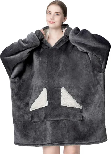 Vista 2 de Touchat - Manta con capucha portátil, sudadera con capucha de forro polar sherpa de gran tamaño con bolsillo gigante y mangas para adulto, regalo