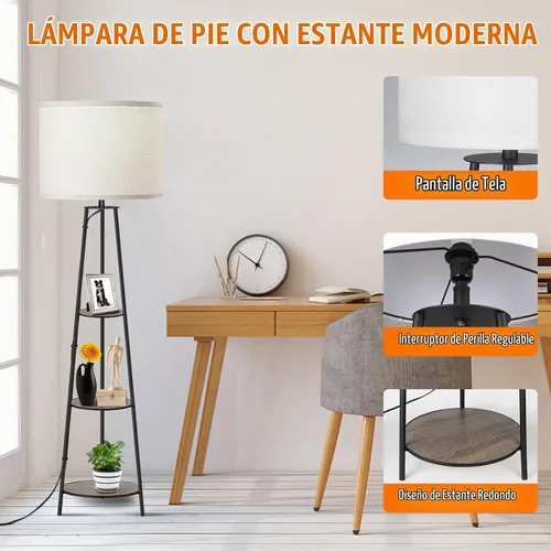 Vista 4 de Lámpara de pie, lámpara de pie con estante esquinero redondo de 3 niveles con 3 niveles regulables - Lámpara de pie simple con pantalla de tela