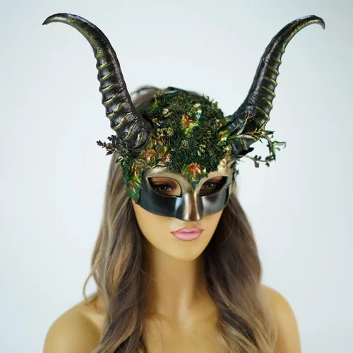 Vista 2 de Cuernos de hadas, cuernos de cosplay, máscara de cuernos de carnero de cabra, vudú, tocado de calavera pagana, bola de mascarada, máscara de cuerno
