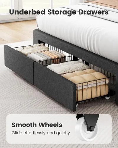 Vista 4 de Pipishell Marco de cama Full con 2 cajones de almacenamiento, 12 patas resistentes, base de cama de madera maciza con cabecera tapizada