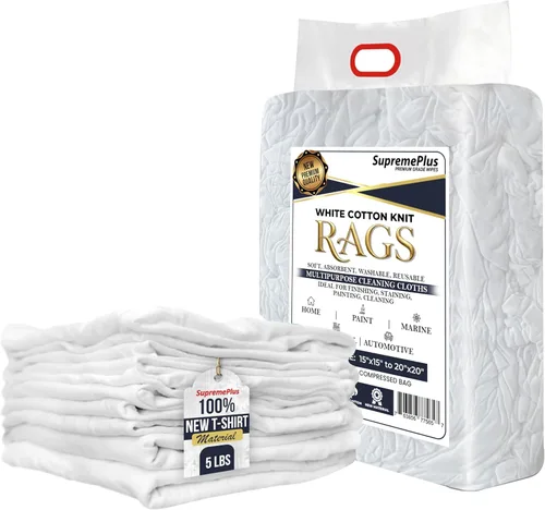 Vista 18 de Trapos de Limpieza Premium de Camisetas Blancas (Bolsa de 1 libra) – Trapos de Algodón Blanco para Limpieza, Teñido, Pintura, Aceite, Grasa