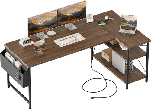 Vista 39 de Mericonia Escritorio pequeño en forma de L para computadora con tomas de corriente, escritorio de juegos para espacios pequeños, escritorio