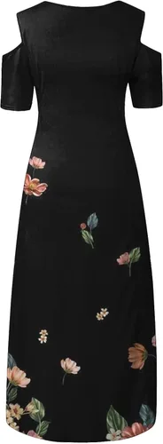 Vista 4 de Vestido de gran tamaño con hombros descubiertos para mujer, cuello redondo, manga corta, casual, con vuelo, estampado floral, vestido de cuello