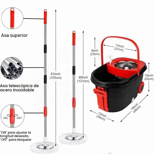 Vista 2 de Trapeador giratorio y cubo con escurridor en ruedas, sistema de cubo giratorio de 360° con 3 cabezales de repuesto de microfibra, mango extendido