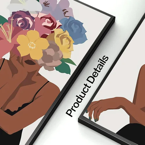 Vista 6 de Juego de 3 pinturas de pared afroamericanas con diseño de flores negras para mujer, diseño de cabeza negra, pintura en lienzo, cuadros sin marco