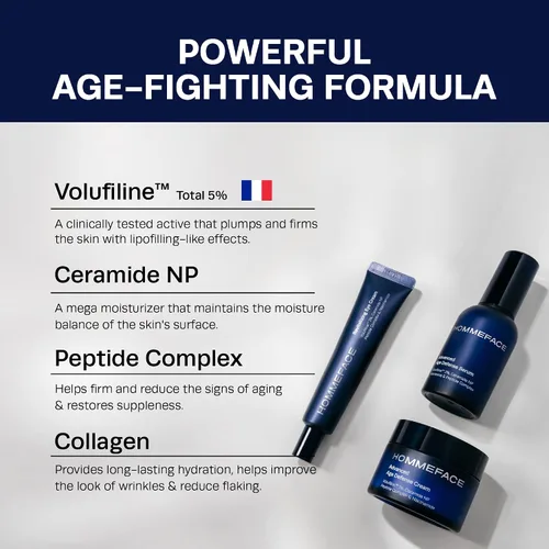 Vista 3 de HommeFace Paquete de rutina diaria antienvejecimiento de 5 pasos para el cuidado de la piel para hombres con lavado facial, tónico, suero, crema